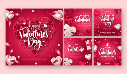 Naklejka premium Happy valentines day text with hearts elements in red pattern background. Vector illustration.