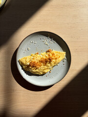 A plate of omelette for breakfast.