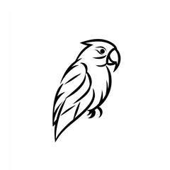 Fototapeta premium Elegant Macaw Bird Minimalist Black Line Art Logo Design, showcasing a perched macaw with intricate feather details against a clean white background.