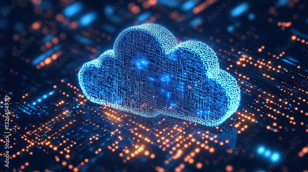 Poster a digital cloud icon surrounded by glowing data points, representing cloud computing and data storag