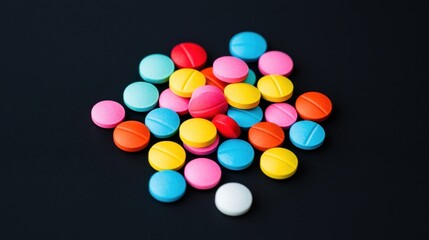 Colorful Assortment of Pills and Tablets on Dark Background