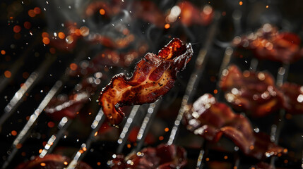grilled bacon floating over grill, food photography
