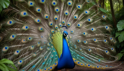 Obraz premium Majestic peacock displaying its vibrant feathers in a lush green forest. A stunning symbol of beauty, elegance, and nature’s artistry.