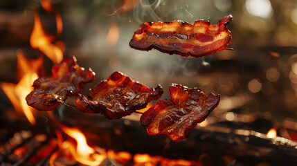 grilled bacon floating over grill, food photography