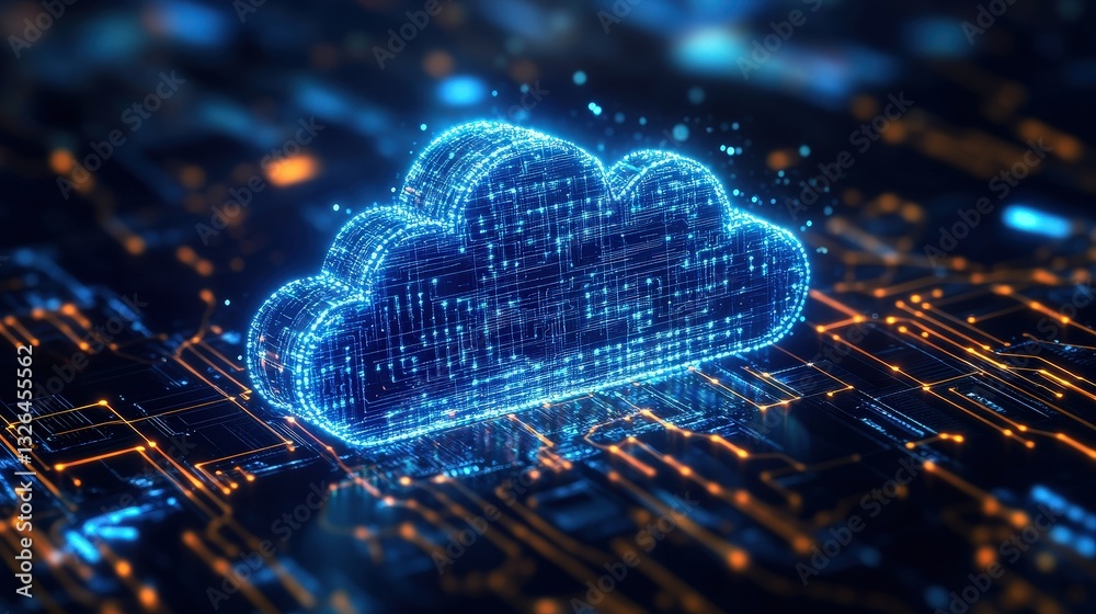 Poster a digital representation of a cloud symbolizing cloud computing, surrounded by glowing data streams 