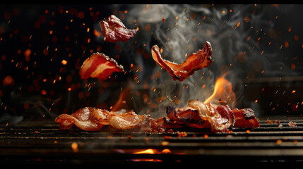 grilled bacon floating over grill, food photography