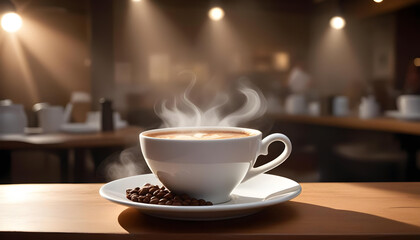 A steaming cup of coffee in a cozy café setting, radiating warmth and inviting aromas. Perfect for coffee lovers, relaxation, and morning inspiration.
