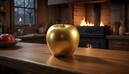 A stunning golden apple shines on a rustic wooden table by a warm fireplace, creating a magical and luxurious ambiance in a cozy, vintage-style kitchen.