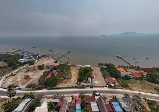 Aerial view of kep riverside and rabbit island with scenic coastline and tranquil water, Kaeb, Cambodia.
