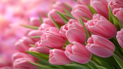 Naklejka premium Pink holiday banner. Bouquet of pink tulips