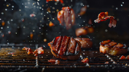 grilled bacon floating over grill, food photography