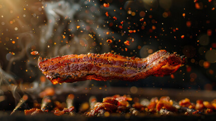grilled bacon floating over grill, food photography