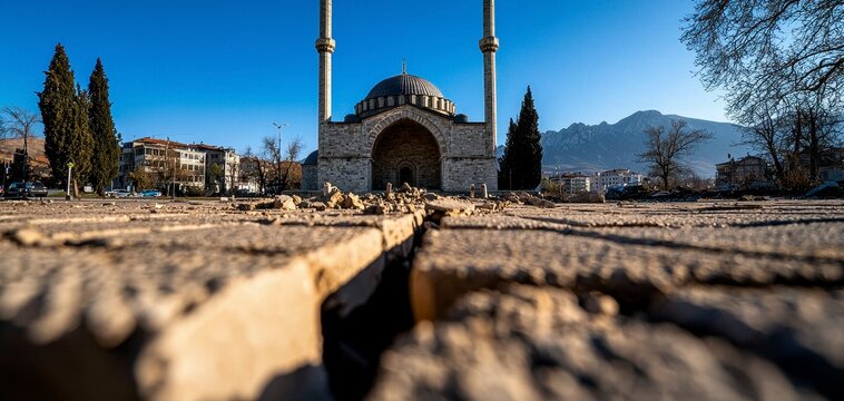 Earthquake Damage at Ancient Mosque Minarets and Dome in Cityscape