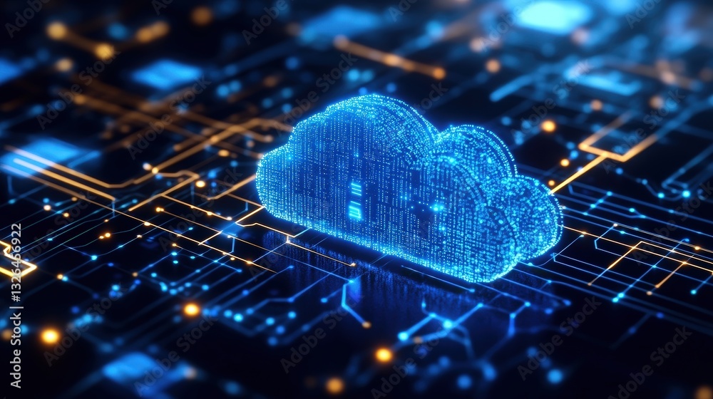 Poster a digital representation of a cloud symbol, composed of blue binary data, set against a backdrop of 