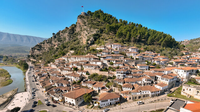 Aerial view of Mangalem with Berat Castle and traditional stone buildings, Berat, Berat, Albania.