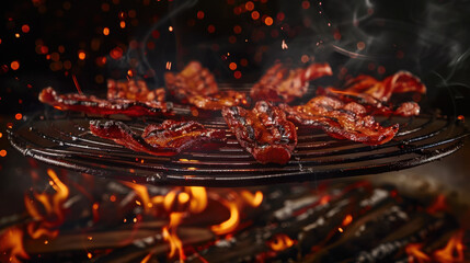 grilled bacon floating over grill, food photography