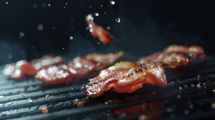 grilled bacon floating over grill, food photography