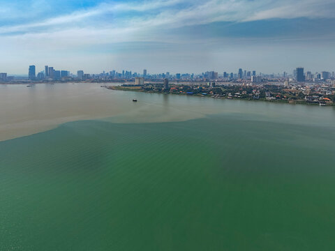 Aerial view of the serene skyline and urban landscape along the Mekong and Tonle Sap rivers, Svay Chrum, Khsach Kandal District, Kandal, Cambodia.