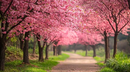 Naklejka premium Pink Cherry Blossom Tree Tunnel Path Spring Nature