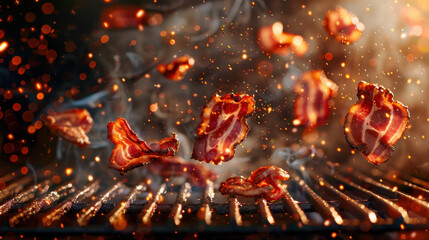grilled bacon floating over grill, food photography