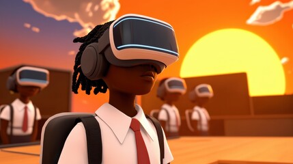 A young student wearing a VR headset, immersed in a virtual world, with a vibrant sunset backdrop and other students in the background.