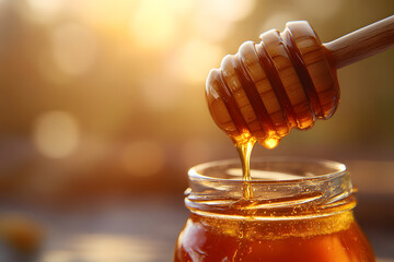 Honey cascades from a wooden dipper into a jar, illuminated by soft sunset light in a cozy setting