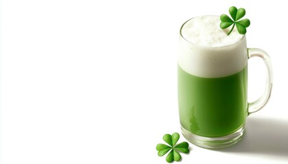 Festive St Patricks Day Green Beer in a Pint Glass with Shamrock Decoration Celebration Still Life