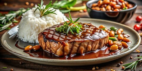Sizzling steak, rich sauce glistening, perfectly cooked, accompanied by fluffy rice and hearty beans.