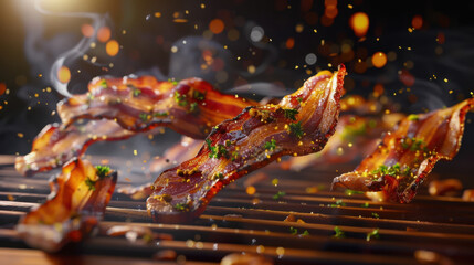 grilled bacon floating over grill, food photography