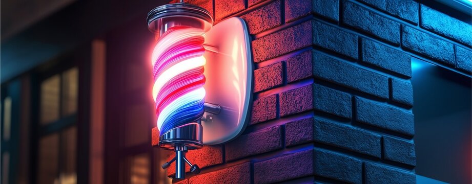 Barber Shop's Lit Sign: Captivating nighttime view of a barbershop's iconic rotating pole illuminated with vibrant red, white, and blue colors, mounted on a textured brick wall