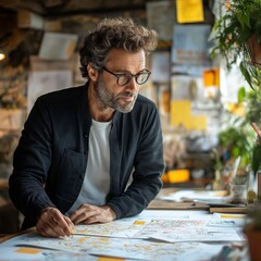 Inspirational Creative Workspace for Male Designer: Artistic Expression and Collaborative Mind Mapping in a Green Foliage Workshop