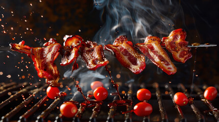 grilled bacon floating over grill, food photography