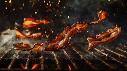 grilled bacon floating over grill, food photography