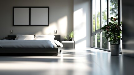 Fototapeta premium Modern Minimalist Bedroom with Sunlight Streaming Through Large Windows