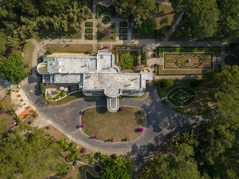 Aerial view of beautiful garden and tranquil trees with scenic pathways, Ward 4, Da Lat, Lam Dong, Vietnam.