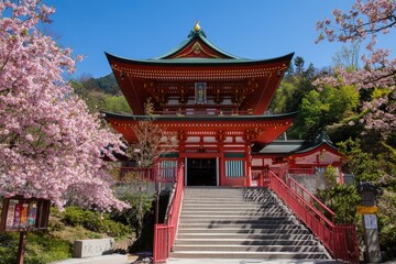 Fototapeta premium A beautiful traditional building featuring vibrant red architecture, surrounded by blooming cherry blossom trees under a clear blue sky.