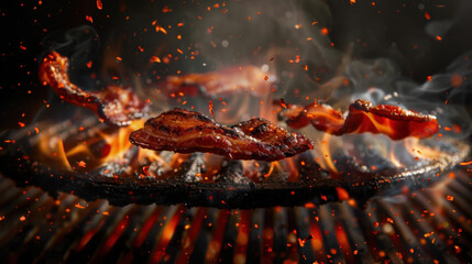 grilled bacon floating over grill, food photography