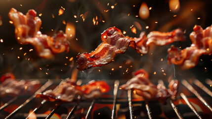 grilled bacon floating over grill, food photography