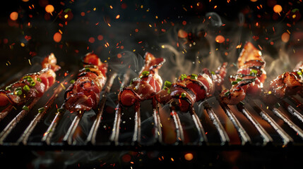grilled bacon floating over grill, food photography