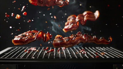 grilled bacon floating over grill, food photography