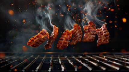 grilled bacon floating over grill, food photography