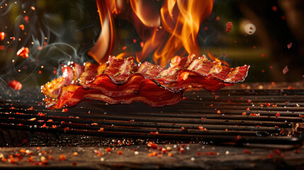 grilled bacon floating over grill, food photography