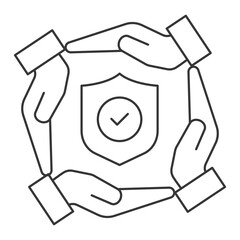 Four hands surrounding a shield with a checkmark representing data security, compliance, trust, and protected business partnerships