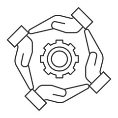 Four hands surrounding a gear representing teamwork, process optimization, workflow automation, and business efficiency