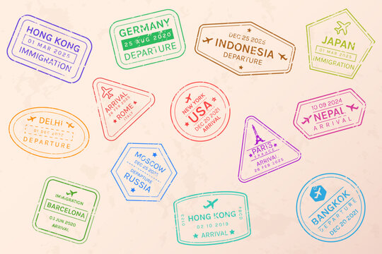Collection of Colorful Passport Stamps from Various Countries
