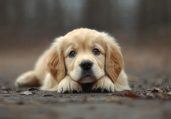 An adorable golden retriever puppy resting on the ground, exuding cuteness and playfulness in a serene outdoor setting.