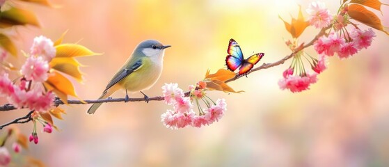 Fototapeta premium Bird and Butterfly on Cherry Blossom Branch 