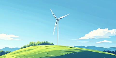 Obraz premium Wind Turbine Stands Tall on a Vibrant Green Hill Under a Clear Blue Sky With Distant Mountains in the Background