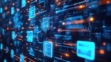 A vibrant digital landscape featuring blue and orange data streams, representing technology and connectivity.