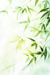 Obraz premium Illustration of bamboo leaves on a light green and white background, made with traditional Chinese ink.